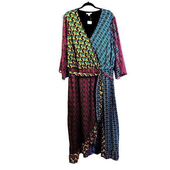 CATO Dress Maxi Faux Wrap Patchwork‎ 3/4 Sleeve Lined Boho V-Neck Belted NWOT - Picture 1 of 13